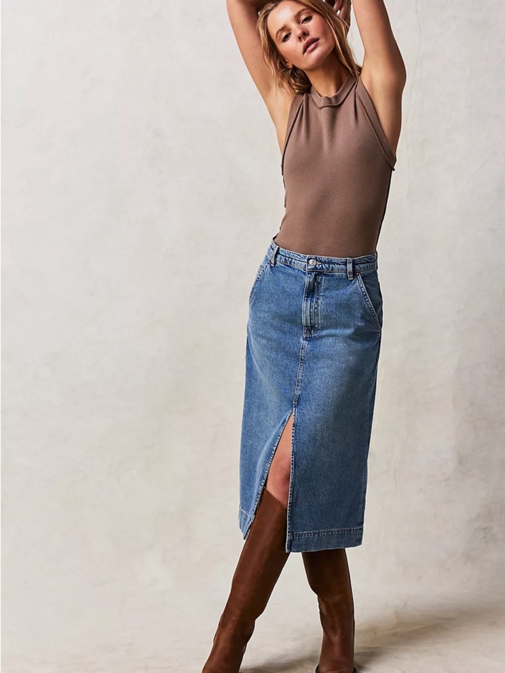 Free People We the Free MIDI Denim front slit Skirt Sz 27